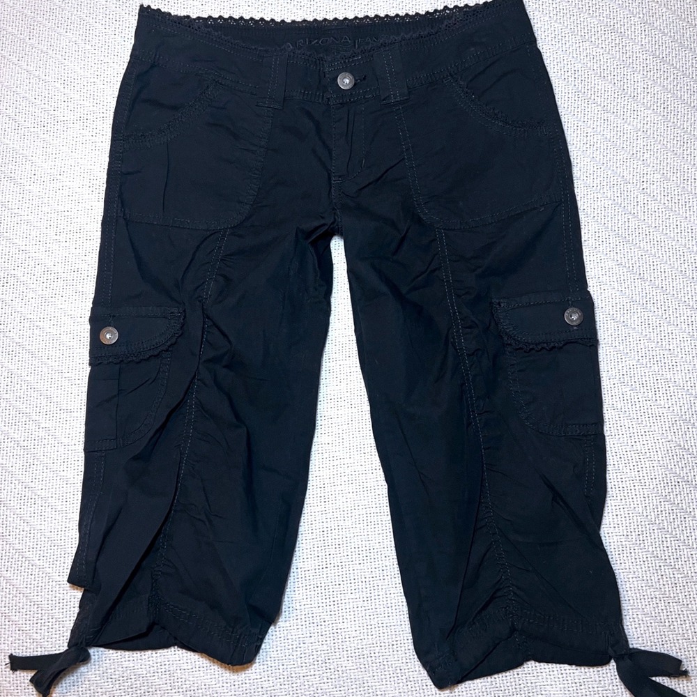 Arizona Jean Y2K Black Low Rise Cargo Capri Pants Lace Trim Tie Hem Size 3